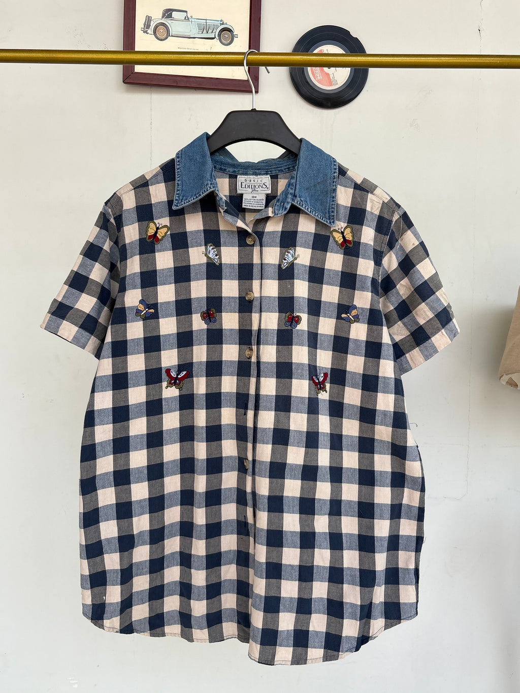 Checkeded denim collar shirt