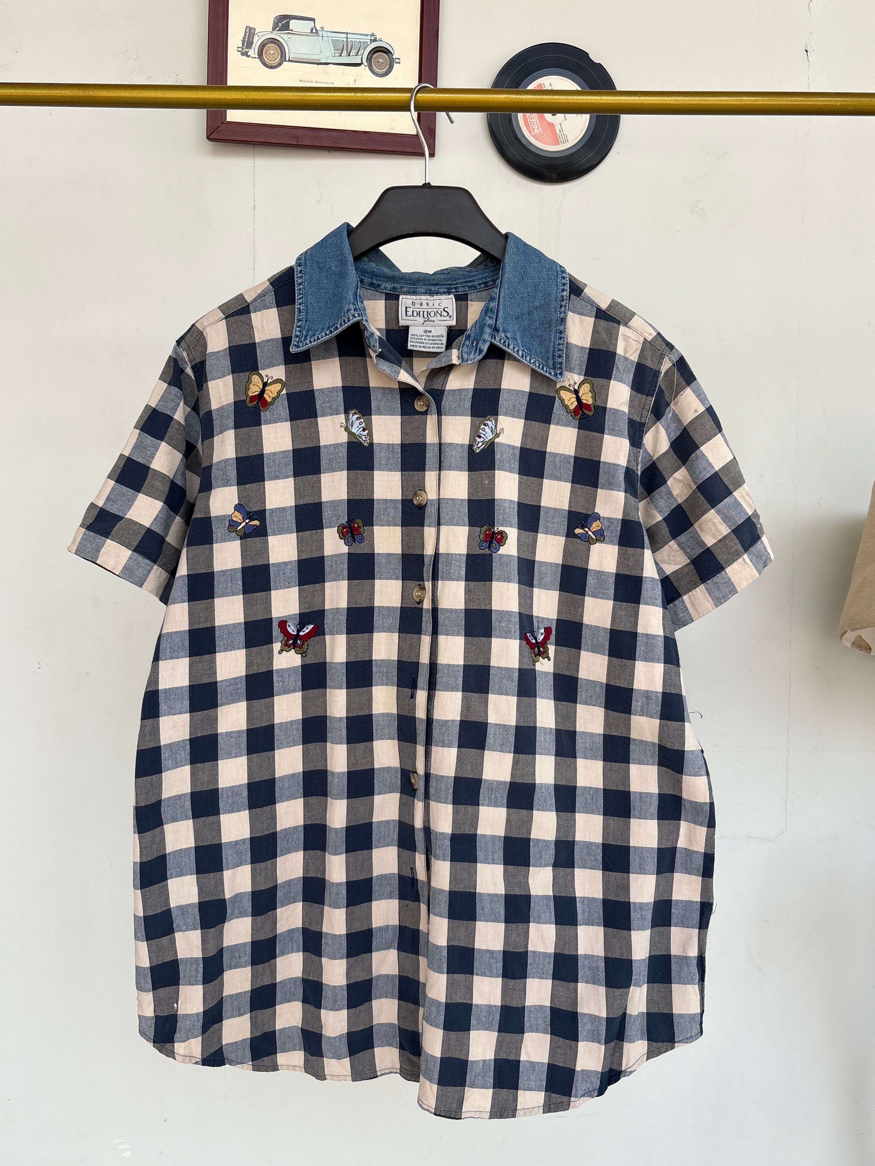 Checkeded denim collar shirt