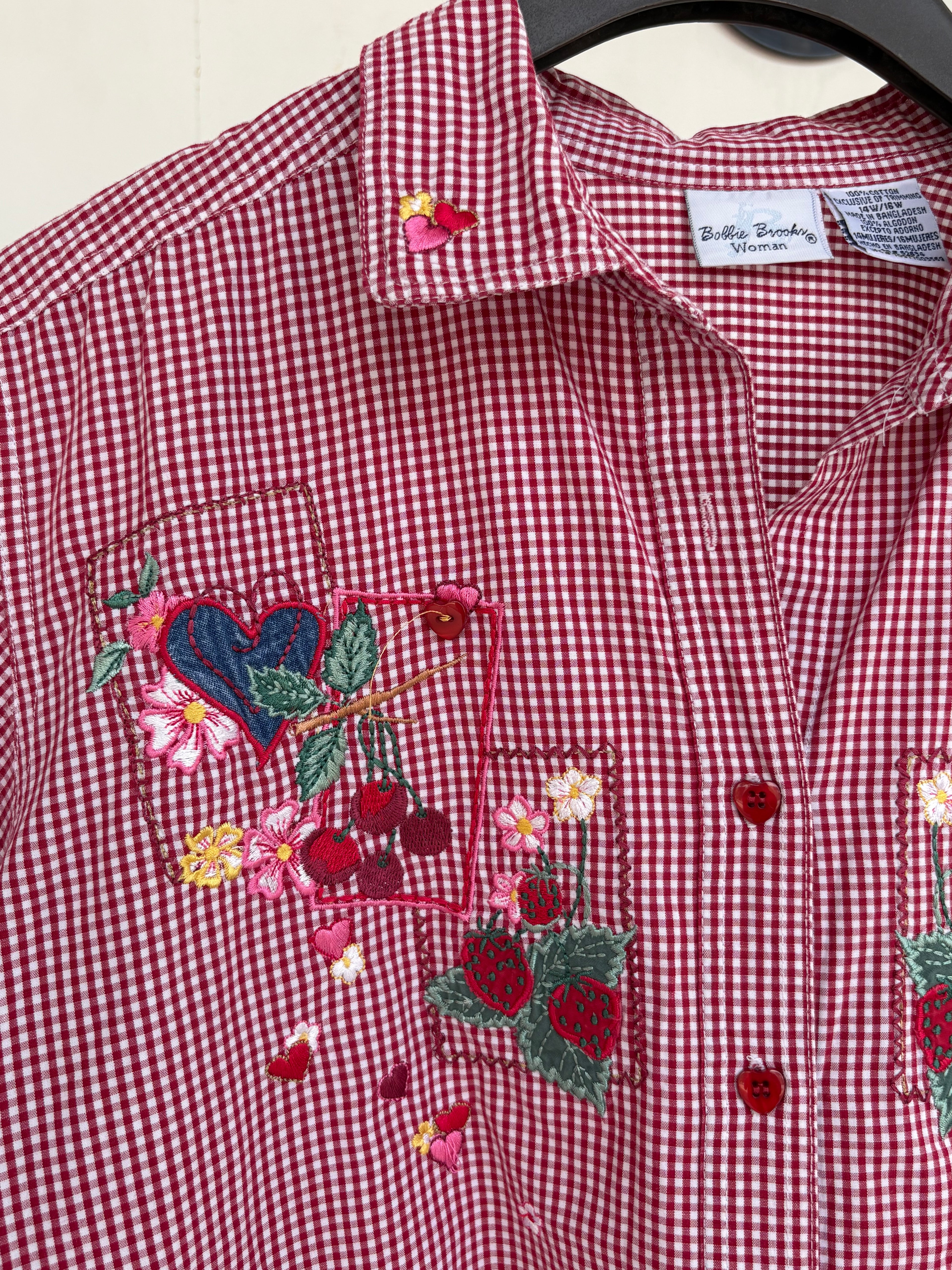 Red ghingham shirt with cottage core embroidery