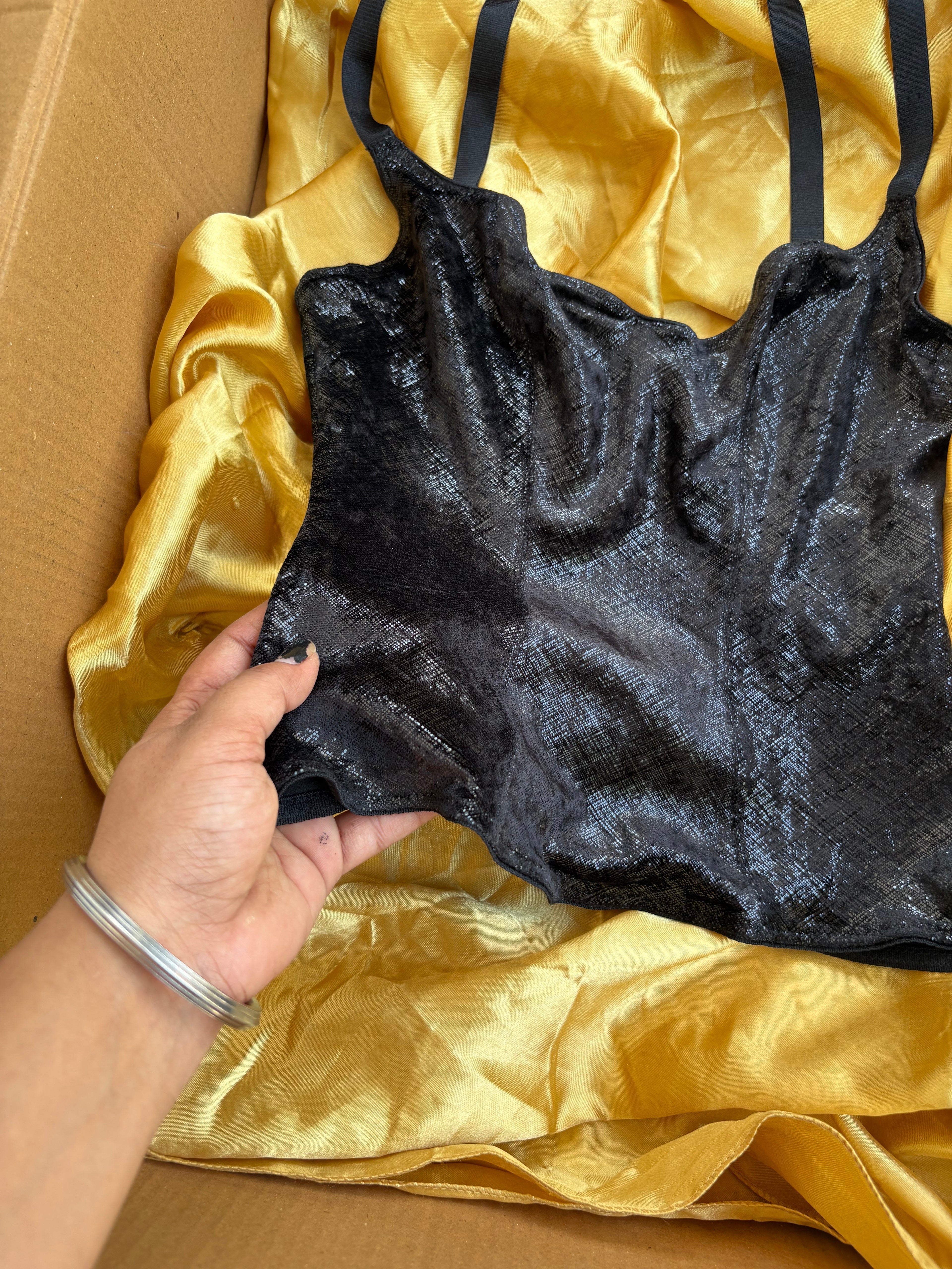 Boned glittery raven top