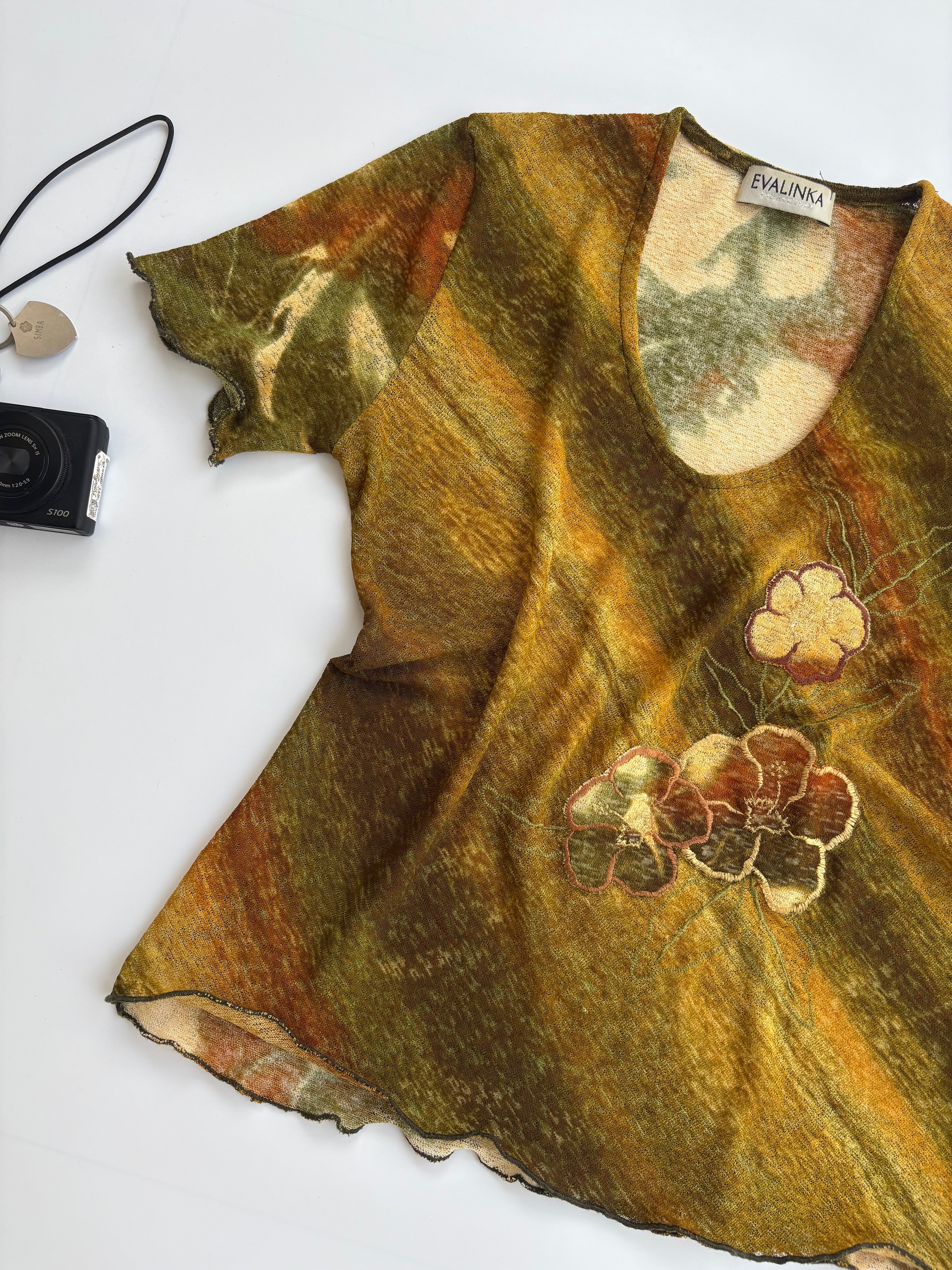 Sage green embroidered patch top