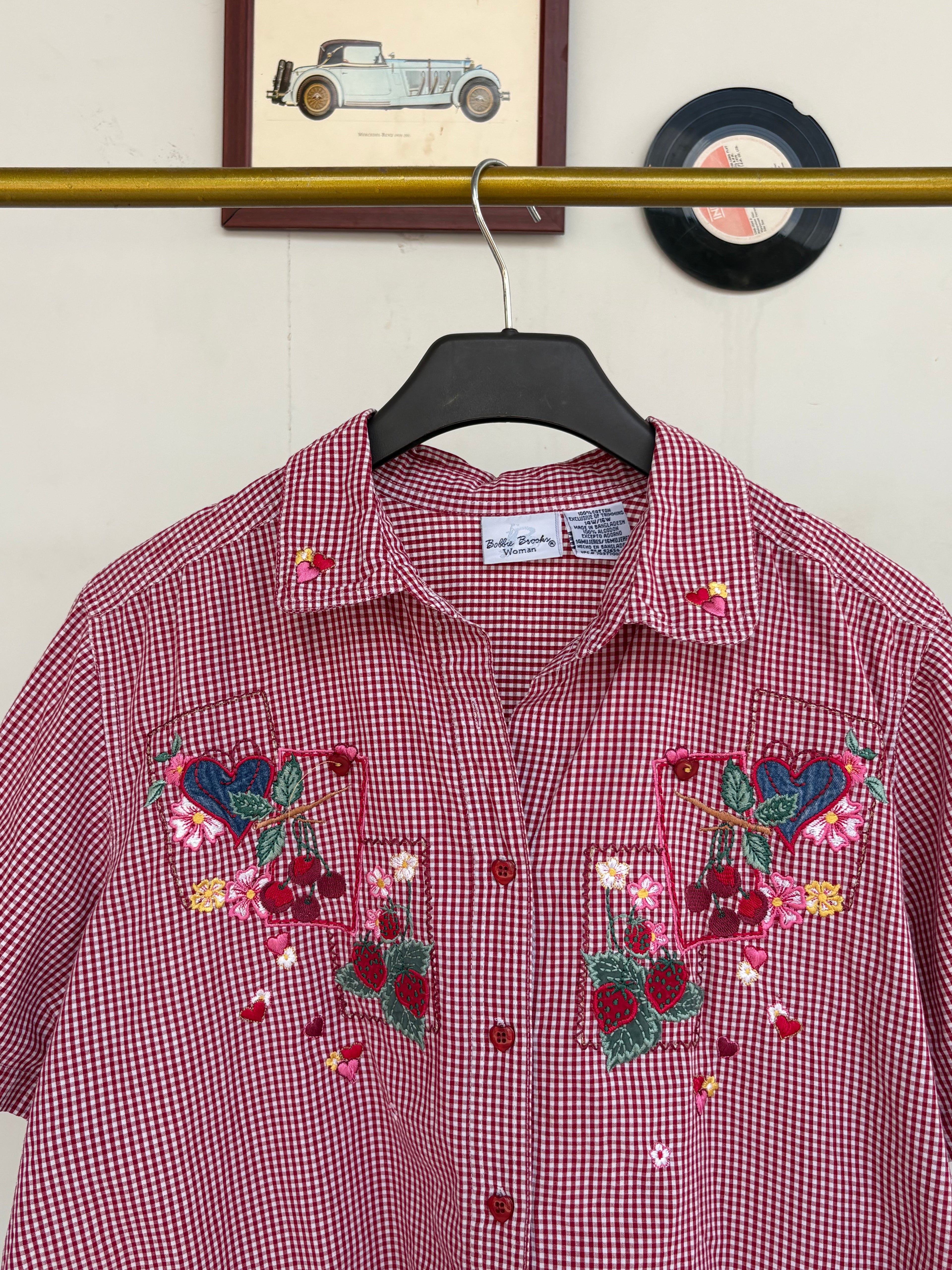 Red ghingham shirt with cottage core embroidery