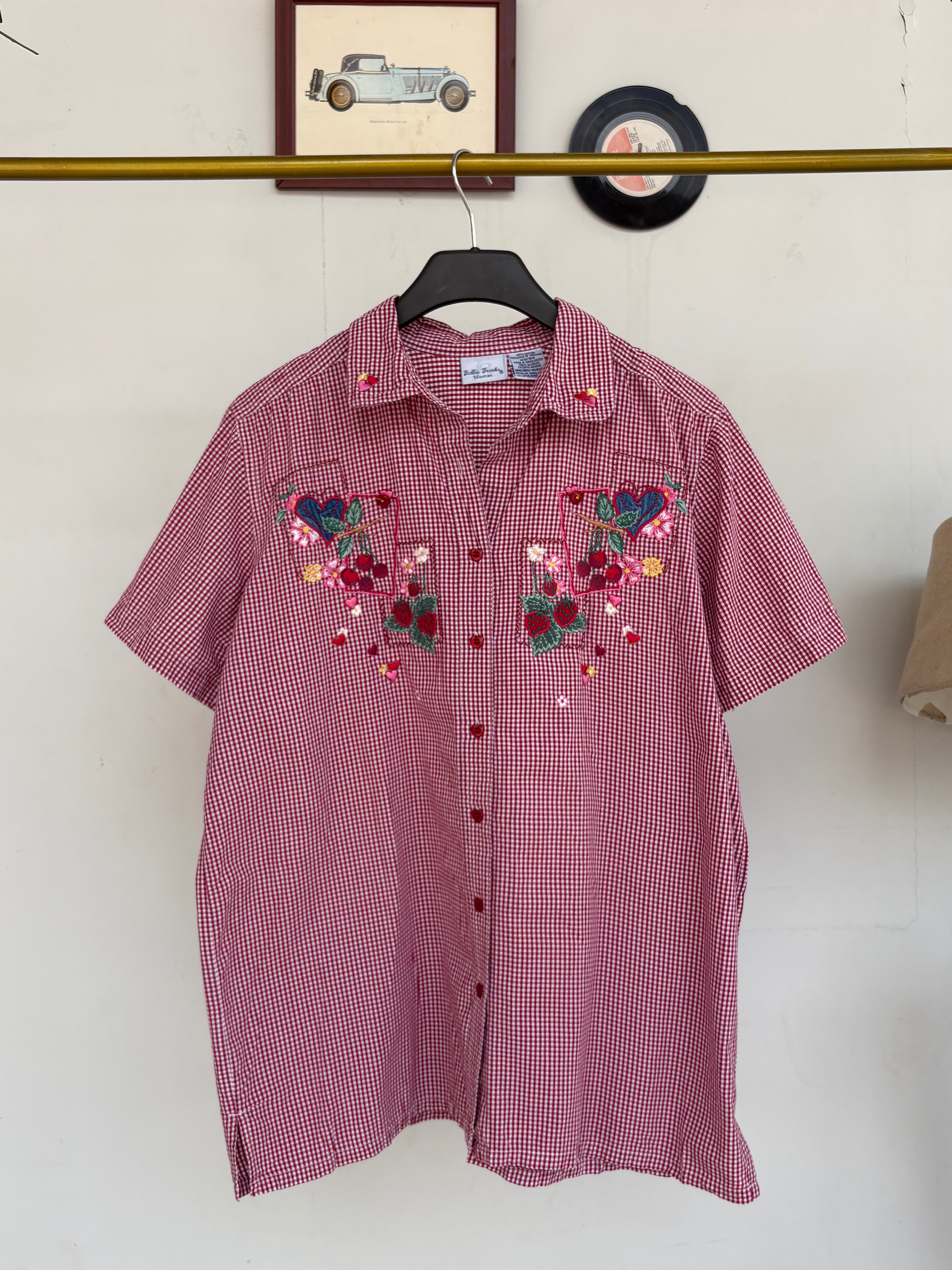 Red ghingham shirt with cottage core embroidery