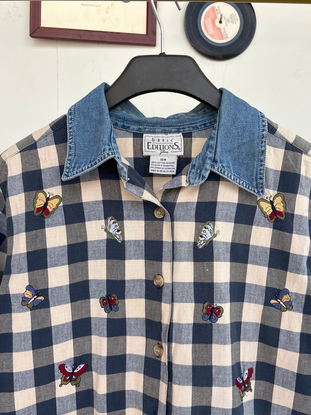 Checkeded denim collar shirt