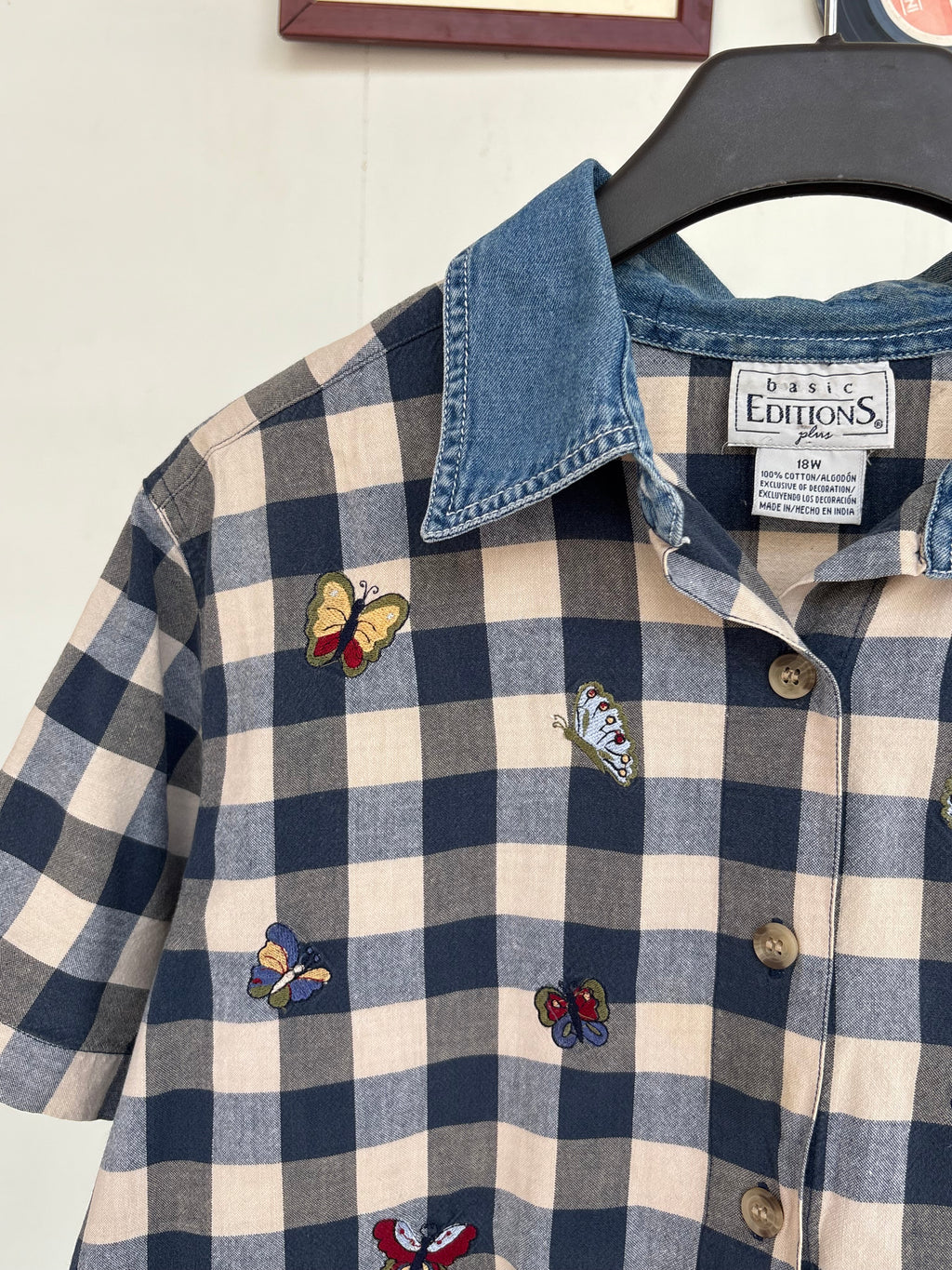 Checkeded denim collar shirt