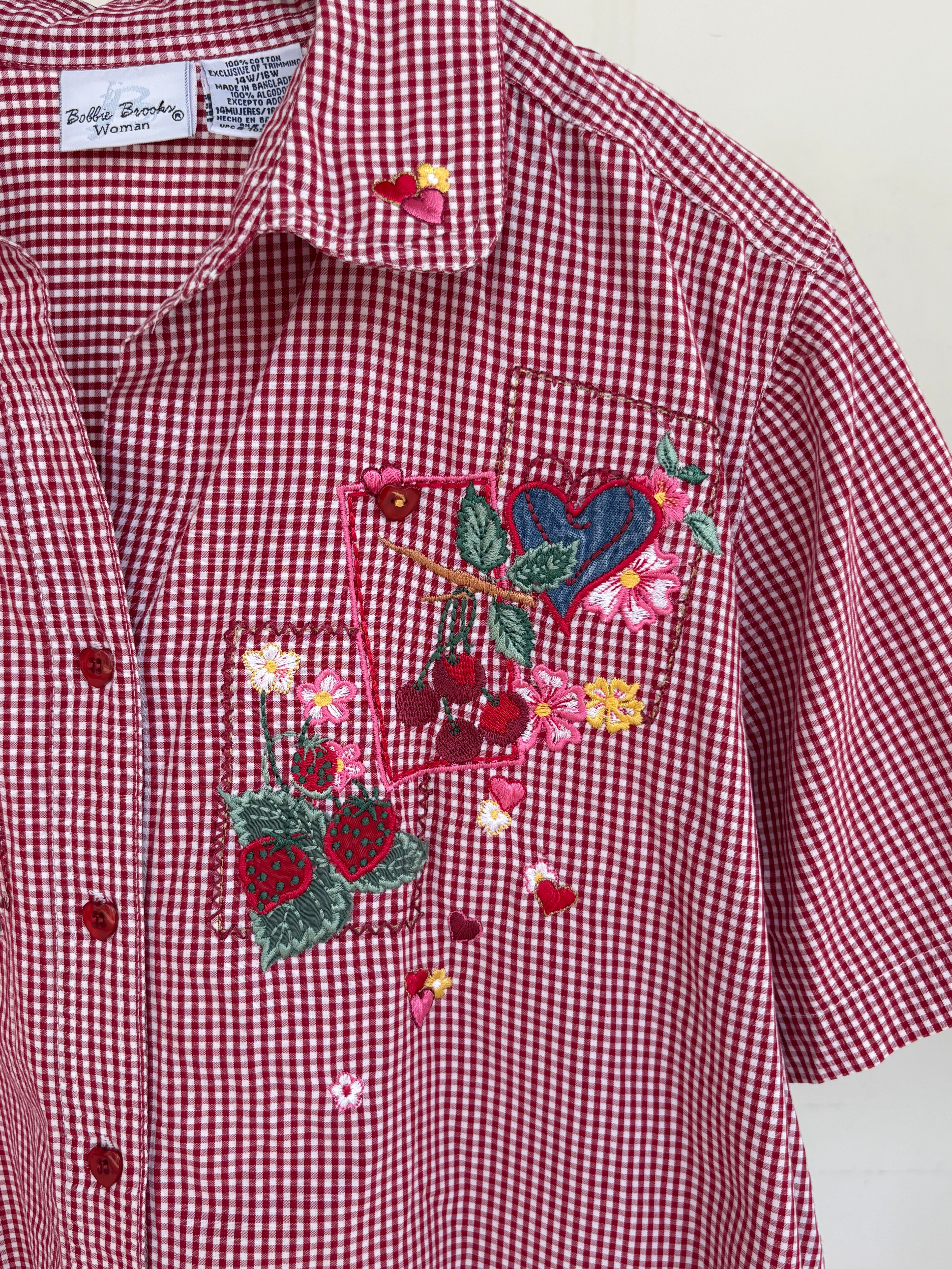 Red ghingham shirt with cottage core embroidery