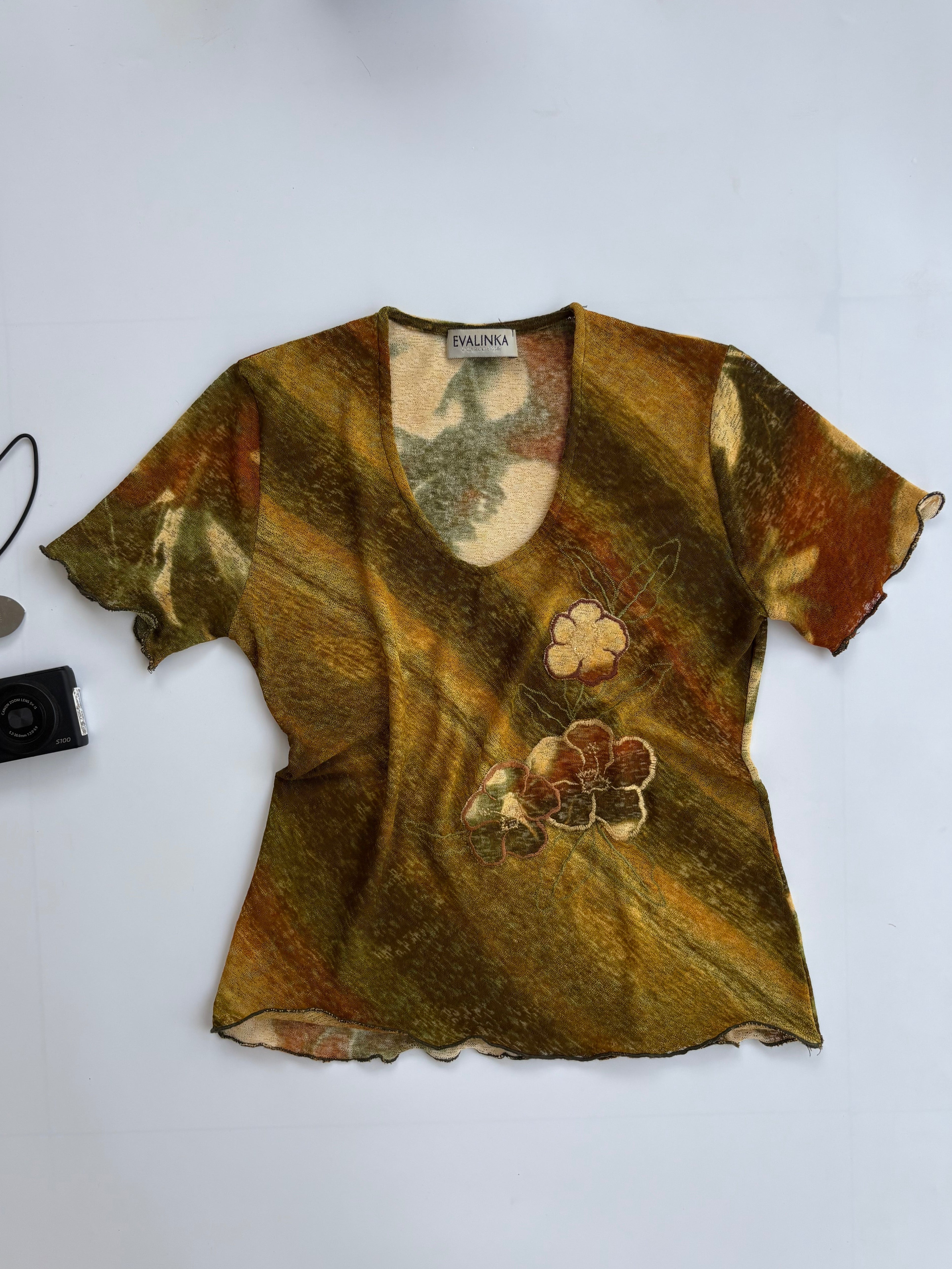 Sage green embroidered patch top
