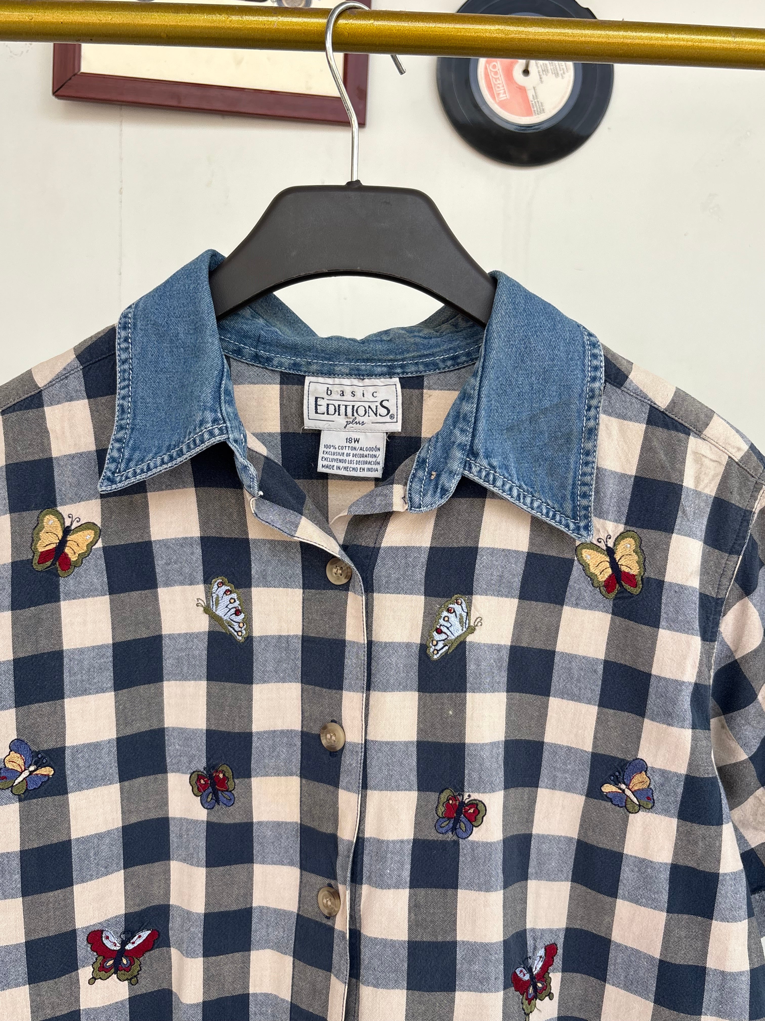 Checkeded denim collar shirt