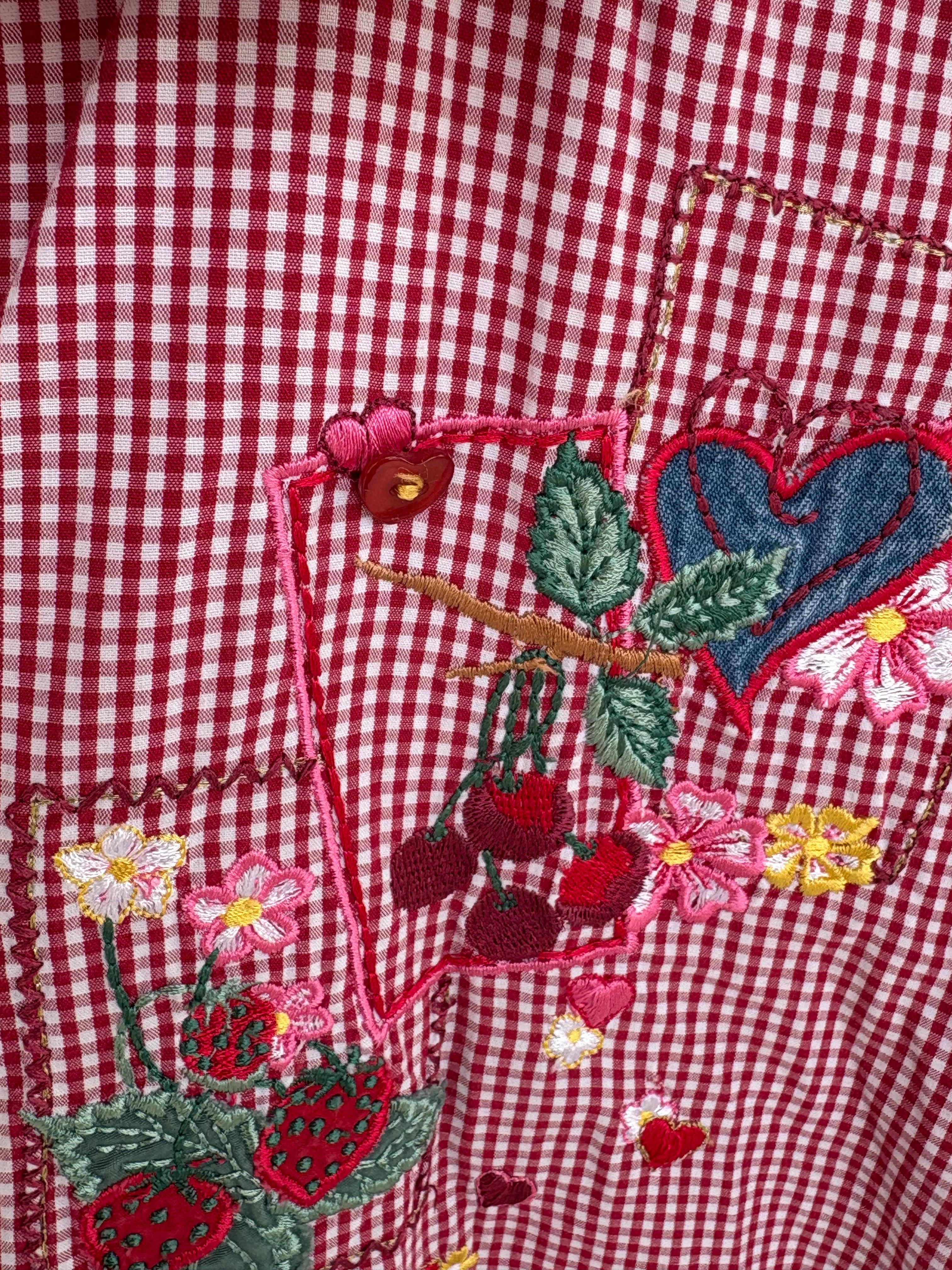 Red ghingham shirt with cottage core embroidery